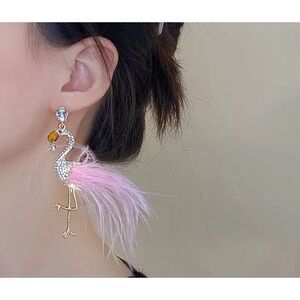 Flamingo Feather Dangle Earrings Alloy 14K Plated Jewelry With Inlaid Rhinestone